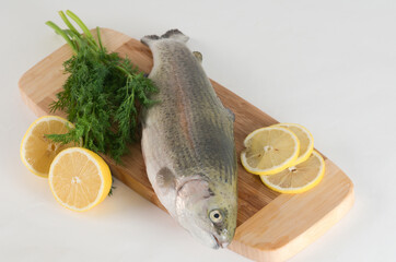 Raw trout on a wooden cutting board with sliced lemon and fresh dill - 559361406