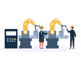 two factory operator controls the conveyor automatic production line with boxes