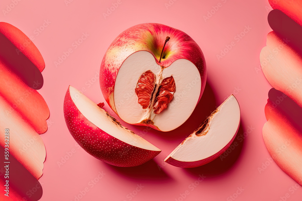 Poster outstanding red apple with pink painted apple slices on a pink backdrop. concept of minimal fruit. g