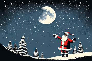 Fototapeta na wymiar Santa Claus is seen in the night sky in a landscape waving to him. Generative AI