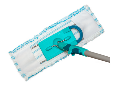 Washing and disinfection of floors, wet cleaning of the house. Cleaning a vinyl brown floor with a mop, isolate on a white background. House cleaning, space for text