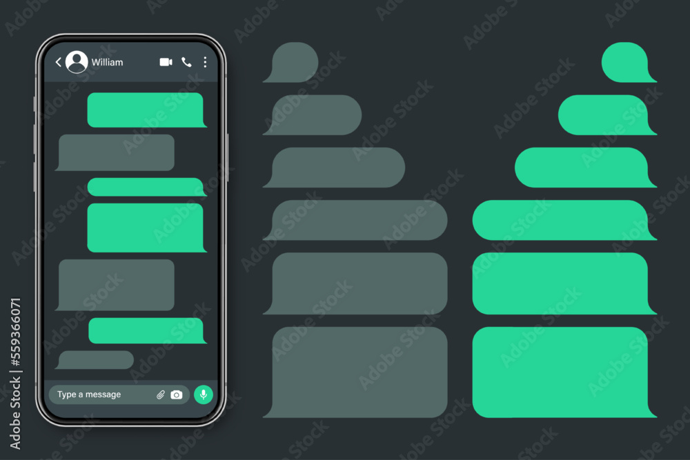 Wall mural Realistic smartphone with messaging app. Blank SMS text frame. Conversation chat screen with green message bubbles. Social media application. Dark mode. Vector illustration