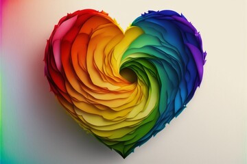 A heart-shaped rose featuring the colors of the LGBTQI community on a white background. Concept of celebrating love, Valentines Day, Freedom to Marry Day, gay wedding celebration, generative ai