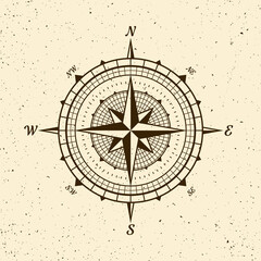 Vintage marine wind rose, nautical chart. Monochrome navigational compass with cardinal directions of North, East, South, West. Geographical position, cartography and navigation. Vector illustration. © 32 pixels