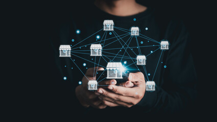Franchise business concept. Businessman touching franchise marketing system icon in global network connection.