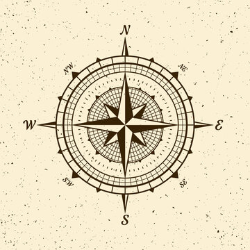 Vintage marine wind rose, nautical chart. Monochrome navigational compass with cardinal directions of North, East, South, West. Geographical position, cartography and navigation. Vector illustration.