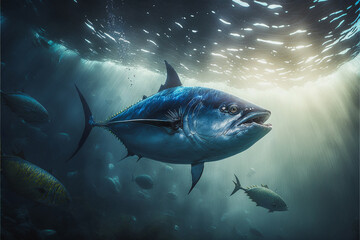 Fototapeta premium Blue fin tuna fish swimming in clear ocean water. generative AI