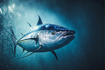  Giant bluefin tuna fish swimming in clear ocean water. generative AI