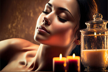  Woman relaxing in a bath with candles. Spa treatment. generative AI