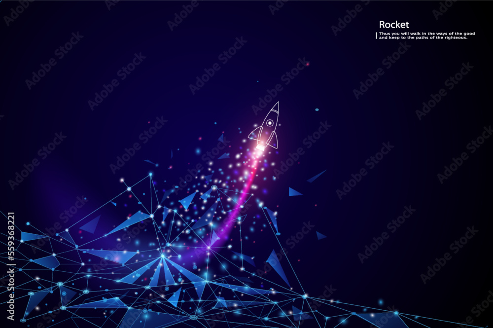Poster rocket launch. business startup concept form lines, triangles and particle style design. rocket laun