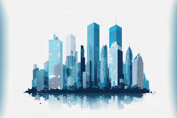 A large metropolis with blue skyscrapers is shown in a drawing on a white backdrop. Generative AI