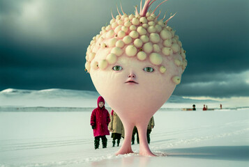  Strange alien like family in winter snow with light pink. generative AI