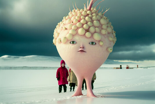  Strange Alien Like Family In Winter Snow With Light Pink. Generative AI