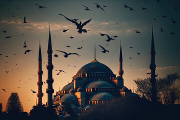 flying birds above a mosque's dome in Istanbul, Turkey. Generative AI