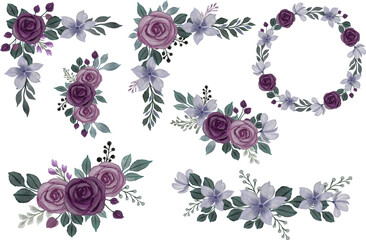 set of purple watercolor floral frame for wedding card