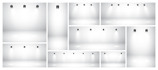 Empty gray studio abstract backgrounds with spotlights. Product showcase backdrop with spotlight effect. Stage lighting. Vector illustration