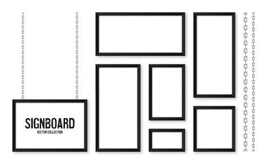 Black signboards hanging on a metal chain. Restaurant menu board. Modern poster mockup. Blank photo or picture frame. Advertising or presentation boards. Street banner. Vector illustration
