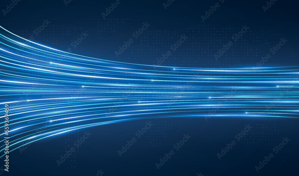 Poster high speed moving blue stripes with glow, wireless data lines, high speed internet. dynamic movement