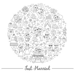 Vector black and white wedding round frame with just married couple. Marriage ceremony card template for banners, invitations. Cute line matrimonial illustration or coloring page.
