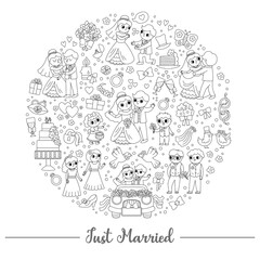Fototapeta premium Vector black and white wedding round frame with just married couple. Marriage ceremony card template for banners, invitations. Cute line matrimonial illustration or coloring page.
