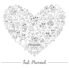 Vector black and white wedding heart shaped frame with just married couple. Marriage ceremony or love concept for banners, invitations. Cute line matrimonial illustration or coloring page.