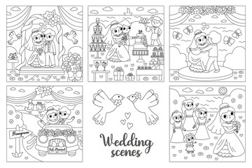 Vector black and white wedding scenes set. Cute line just married couple. Marriage ceremony landscapes coloring pages with bride and groom. Husband, wife cutting cake, dancing.