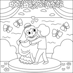 Vector black and white wedding scene with cute just married couple. Marriage line ceremony landscape coloring page with bride and groom. Husband and wife dancing their first dance.