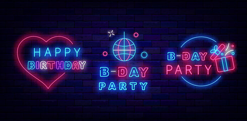 Birthday party neon emblems collection. Happy B-Day celebration. Heart frame. Vector stock illustration