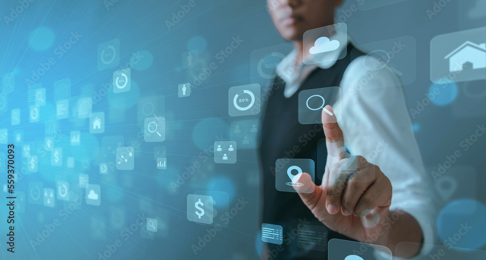 Leinwandbilder business intelligence and big data analysis technology with chart and graph icons on a digital screen interface. Innovation in statistics and analytics. Insights and predictions.