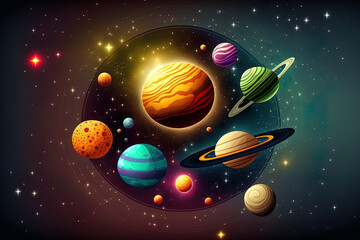 Naklejka premium Background planets and stars due to parallax in space. Generative AI