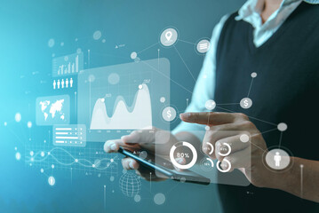 business intelligence and big data analysis technology with chart and graph icons on a digital screen interface. Innovation in statistics and analytics. Insights and predictions.