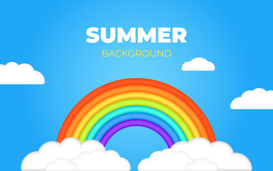 Beautiful summer 3d fluffy clouds against the blue sky with realistic 3d rainbow. Children vector illustration. Three dimensional style. Place for text. Kids cartoon illustration for flyer or banner. 