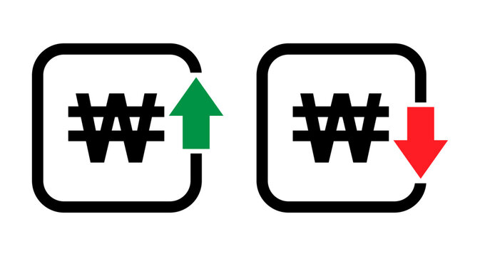 Set of cost symbol won increase and decrease icon. Money vector symbol isolated on background