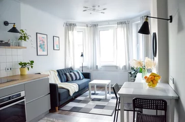 Foto op Plexiglas Scandinavian interior style modern studio small apartment in white and grey colors, furniture in living area and kitchen area  © Iuliia Sokolovska
