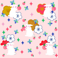 set cute bunny bunny and flowers rabbit in a flower garden happy new year bunny with star  lovely  pattern
