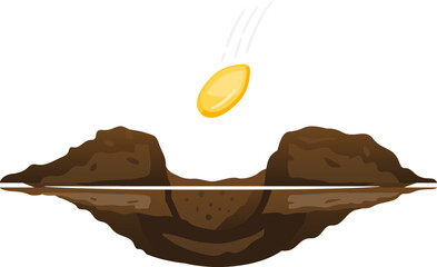 One small yellow seed falling in hole on ground on side view isolated illustration