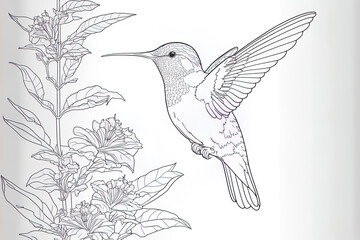 Hummingbird minimalist painting in one continuous line. Bird flying over flowers with a white backdrop in the background. Concept for an avian national zoo park. artwork of a hummingbird in iso