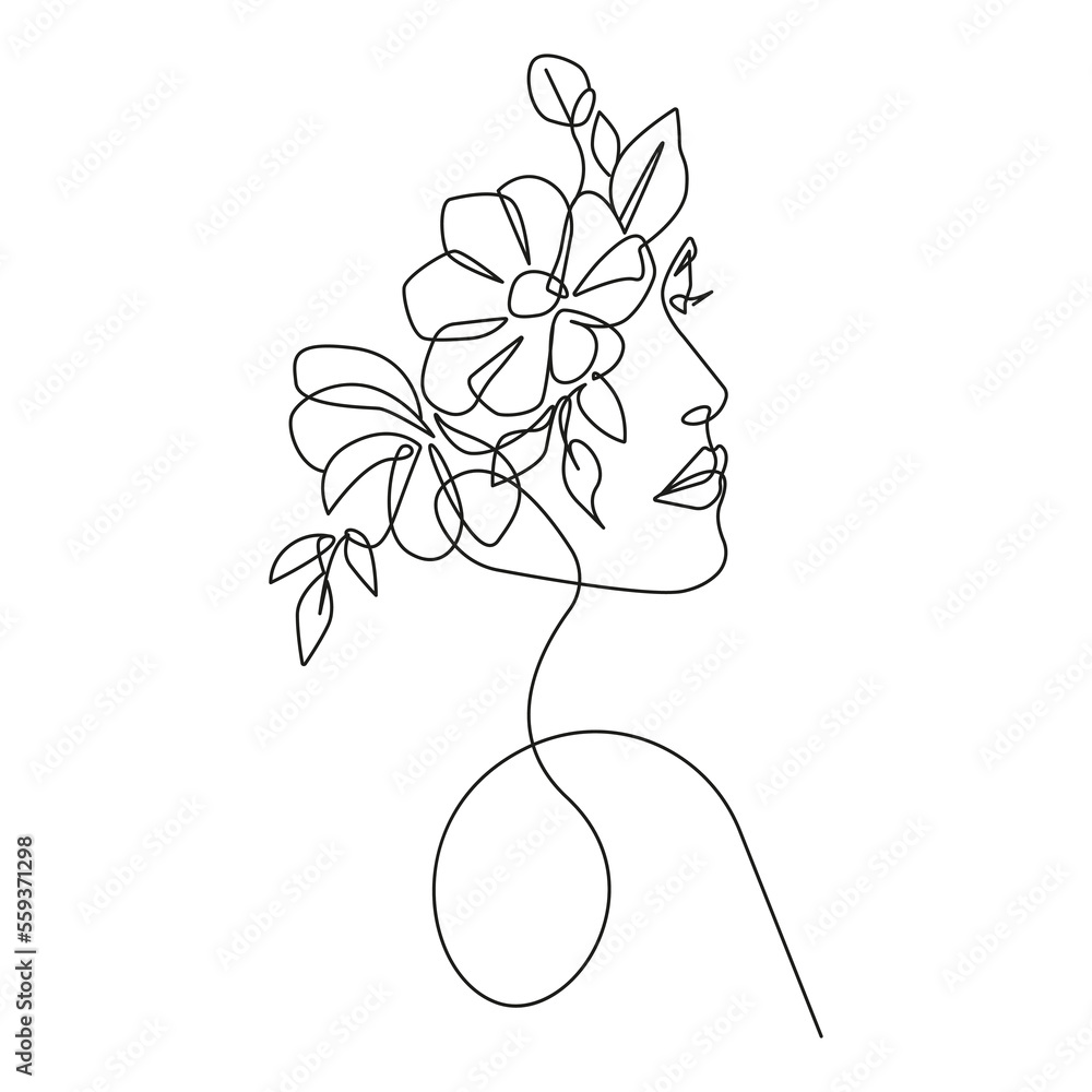 Wall mural Woman Head with Flowers Line Art Vector Drawing. Style Template with Female Face with Flowers and Leaves. Modern Minimalist Simple Linear Style. Beauty Fashion Design 