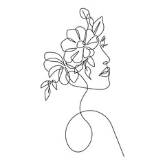 Woman Head with Flowers Line Art Vector Drawing. Style Template with Female Face with Flowers and Leaves. Modern Minimalist Simple Linear Style. Beauty Fashion Design 