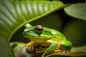 Obraz premium Green leaves with a dumpy frog (Litoria caerulea) on a branch. Generative AI