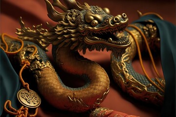 Chinese New Year Decoration--Closeup of Dancing Dragon and knots. Generative AI