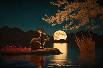 chinese rabbit under the moonlight by a river, year of the rabbit, chinese lunar new year 2023. Generative AI - obrazy, fototapety, plakaty