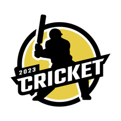 Cricket sport logo with player silhouette. Vector illustration. - 559373693