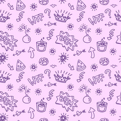 2000s emo girl kawaii style seamless pattern texture background with elements like crown, watermelon, bomb, arrow, speech balloon and diamond Doodle design for textile graphics, wallpapers - obrazy, fototapety, plakaty