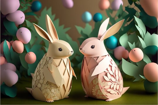 Cute Easter bunnies made of paper, handmade. Happy Easter. Spring Festival. Generative AI