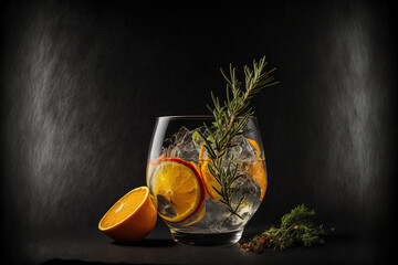 Citrus fruit and rosemary topped gin tonic isolated on a dark backdrop. Generative AI © 2ragon