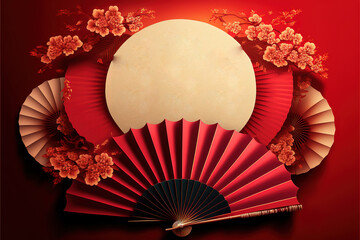 Fototapeta Classic new year design with paper fan and firecrackers on glittering red background, Chinese calligraphy translation: Happy lunar year obraz