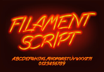 Filament Script alphabet font. Glowing neon letters and numbers. Stock vector typeface for your design.