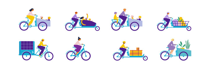 People riding electric bicycle set. Electric bikes, cargobike. Woman, man, courier, family, kids, children.  Flat vector illustration