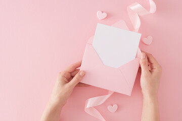 Women day celebration concept. First person top view photo of girl holding envelope with letter...